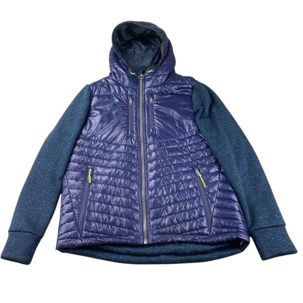 Superdry Storm Hybrid Jacket Men 2XL Navy Zip Hood Quilted Soft Shell Zip Up